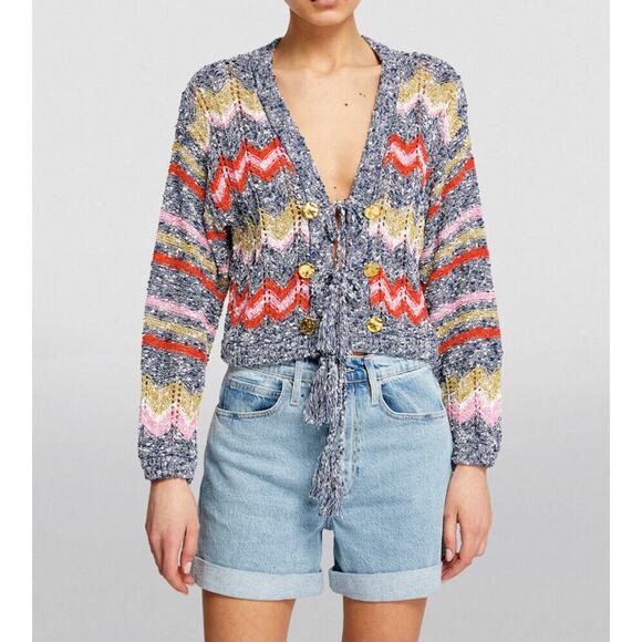 Hayley Menzies NWT Zig-Zag Boucle Knit V-Neck Tie Front Cardigan Sweater XS NEW - Picture 1 of 5